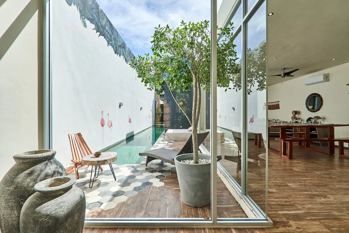 Casa Flamingo luxury swimming pool with lounge chairs and tropical garden perfect for family vacations